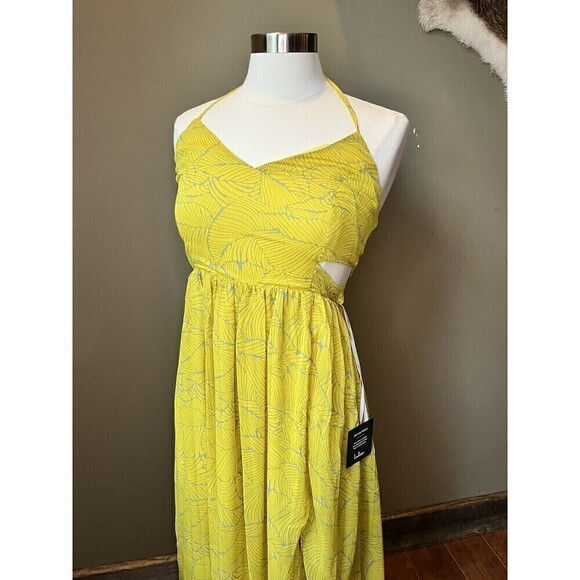 Lulus Balmy Beauty Yellow Tropical Print Halter Cutout Maxi Dress NWT Size M - Picture 3 of 8